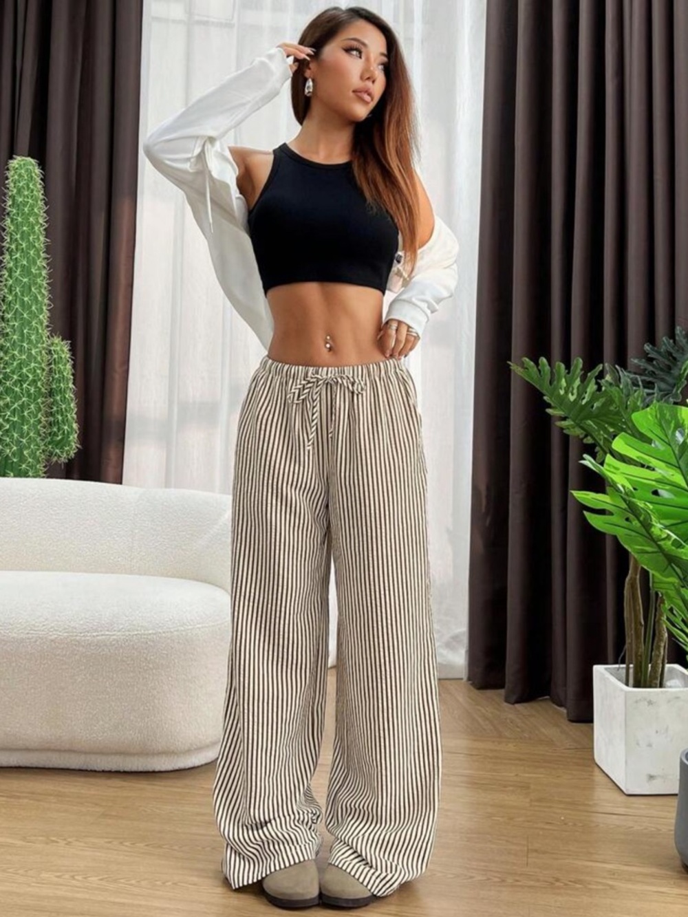 SHEIN Women's Casual Striped Wide-Leg Long Pants - Picture 2 of 9